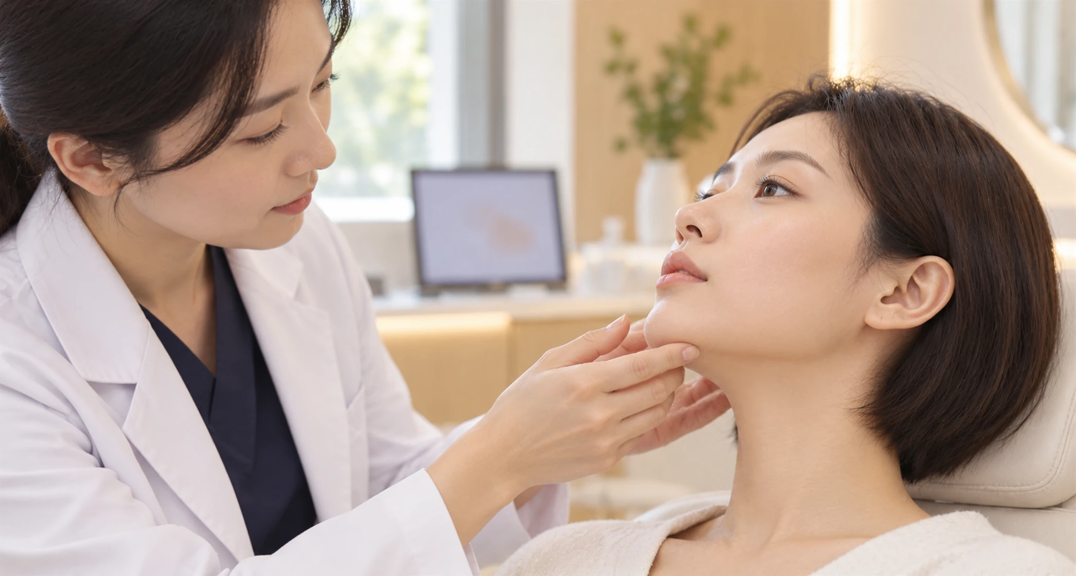 의료진이 턱선과 볼의 처짐 원인을 살펴보는 상담 장면 — 설명용 AI 이미지