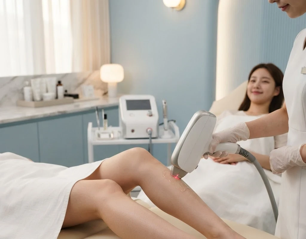 다리 부위에 레이저 제모를 진행하는 모습