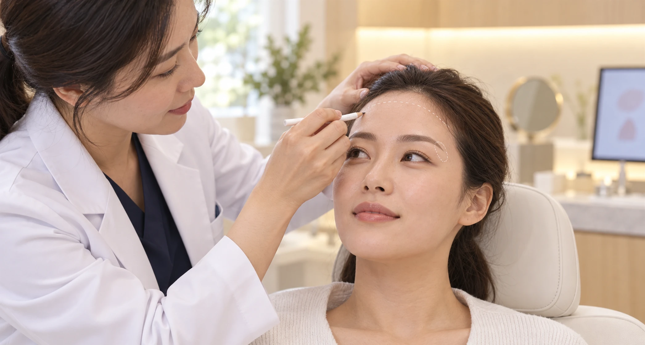 이마에서 라인과 펜으로 다룰 자리를 나눠 표시하는 장면 — 설명용 AI 이미지