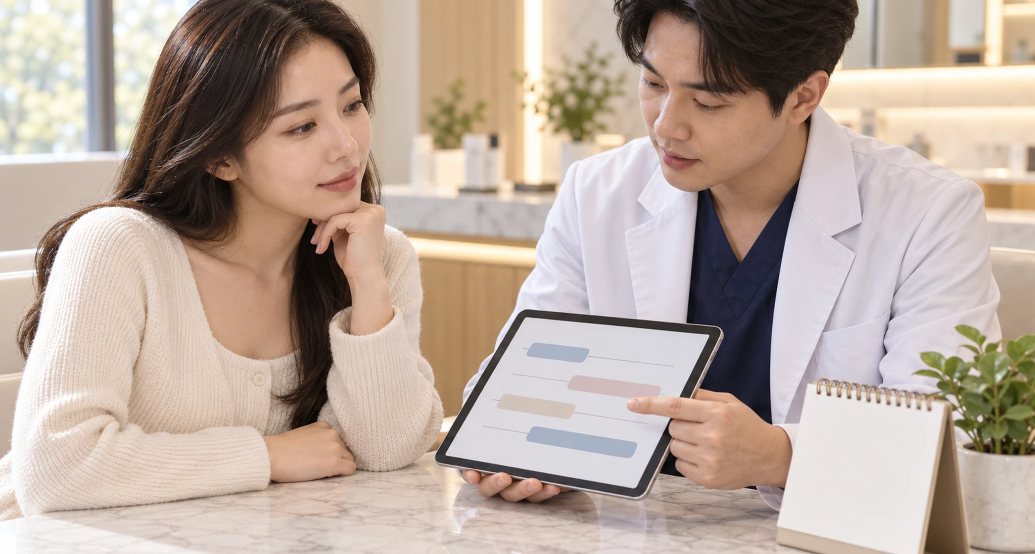 의료진과 환자가 태블릿으로 시술 순서와 간격을 함께 보는 장면