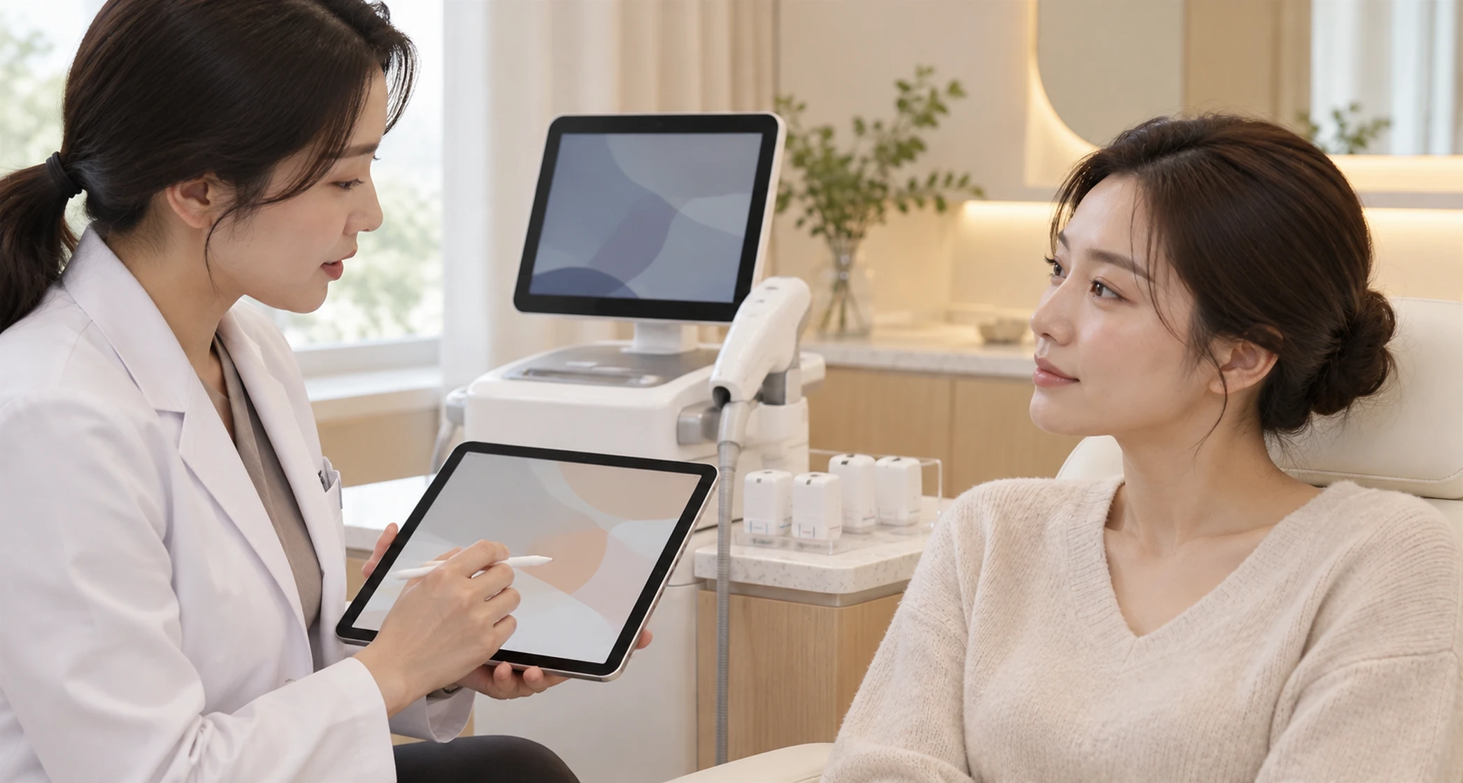 사용한 장비 모델과 카트리지를 차트에 기록하는 장면 — 설명용 AI 이미지